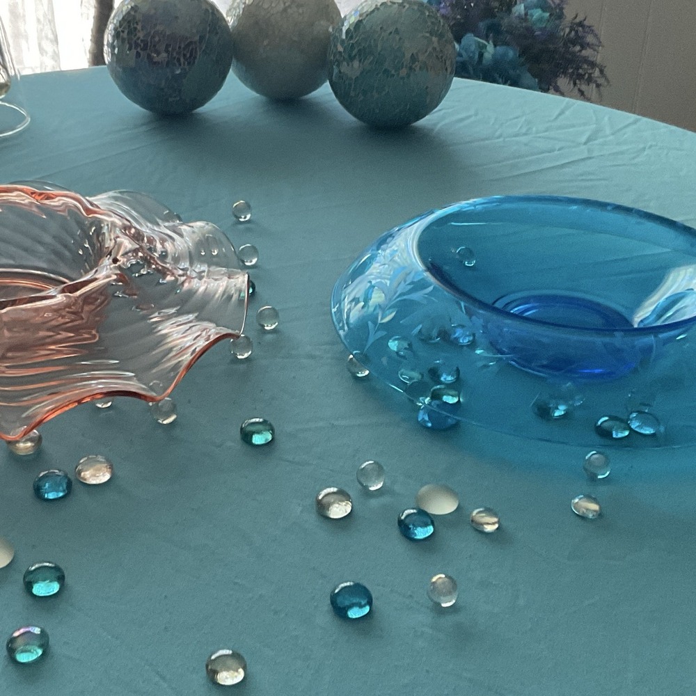 Westinghouse Vintage Console Bowls Blue Pink Etched Floral Ruffled Art Glass Set